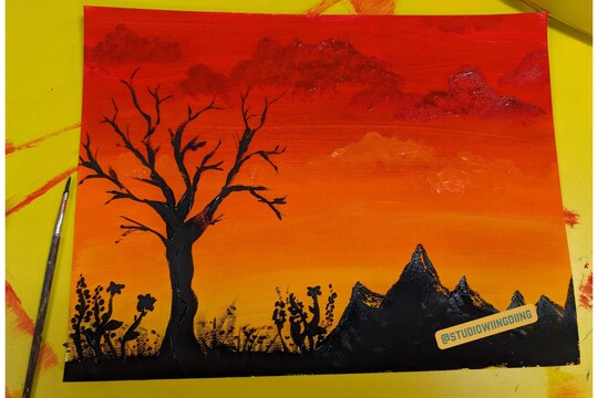 Sunset Painting- trees, mountains, sea silhouette